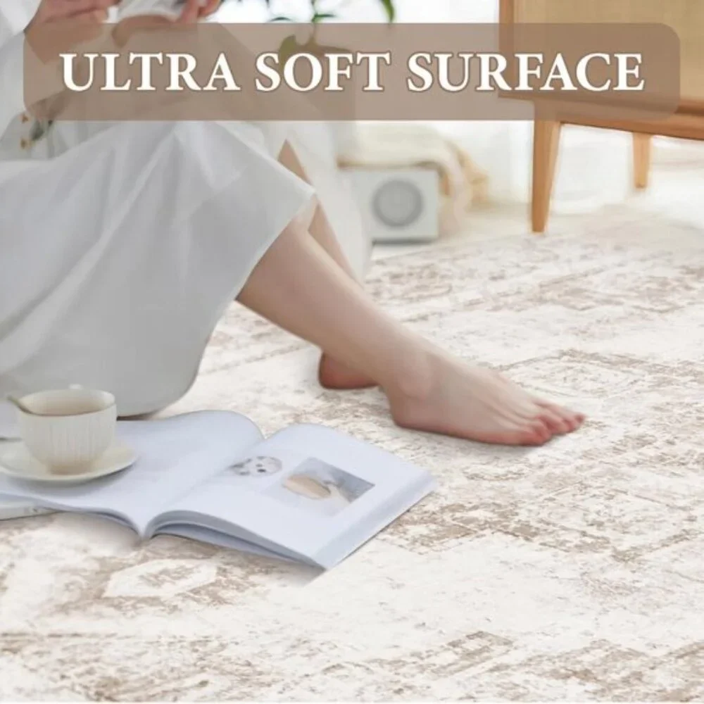New 5x7 Beige Vintage Area Rug, Washable Low Pile Medallion Carpet for Any Room